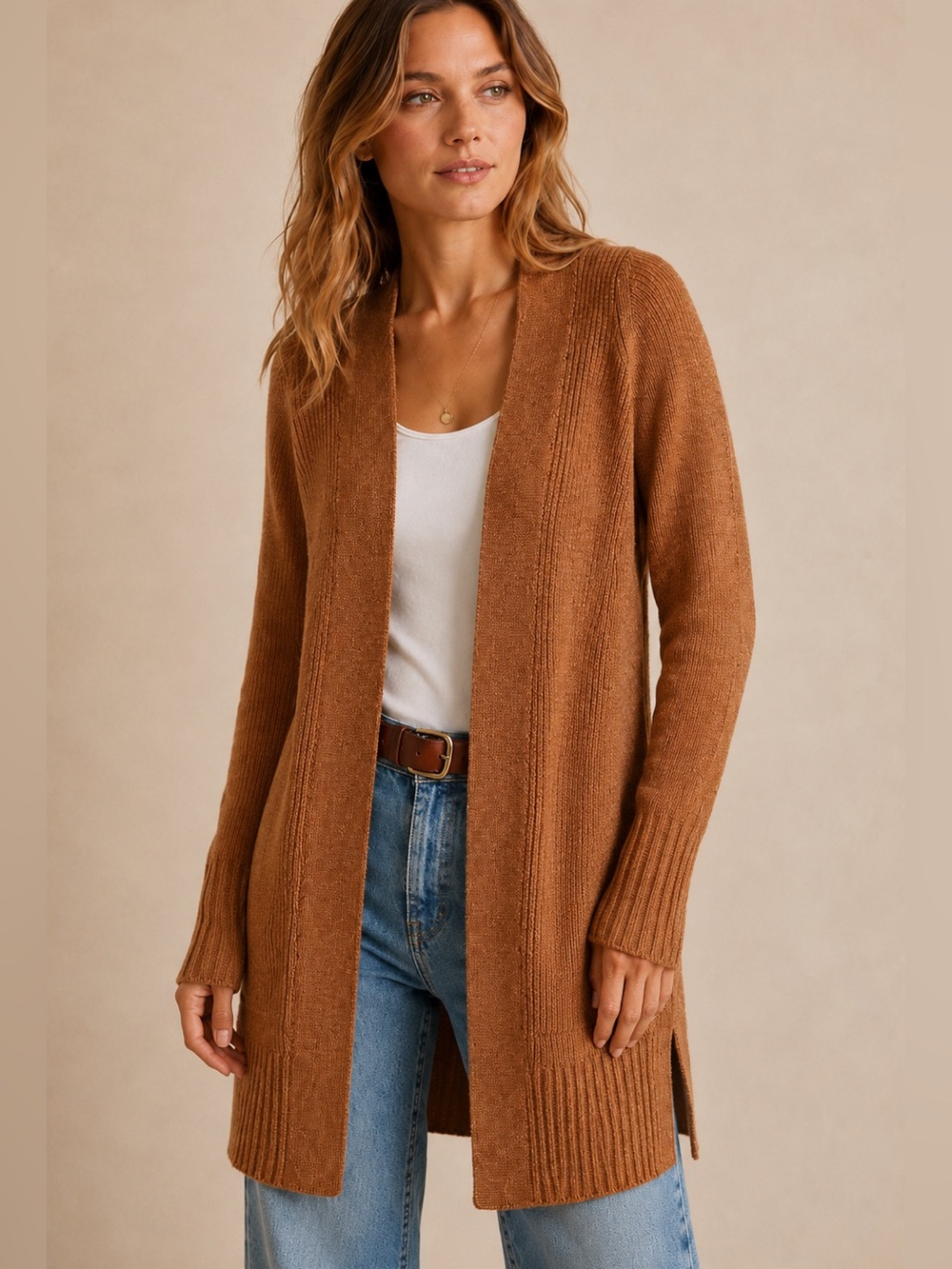 Fat Face Mocha Brown Pointelle Open Cardigan Longline Sweater